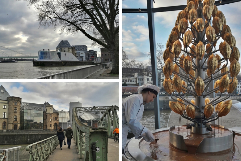 Das Kölner Schokoladenmuseum von außen und innen mit Schokobrunnen
